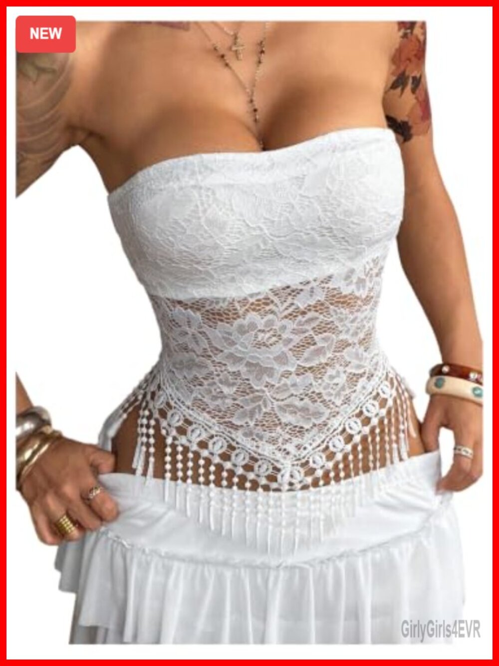 Lace Tube Top Strapless Sleeveless Fringe Hem Y2k Concert Going Out Women's Top